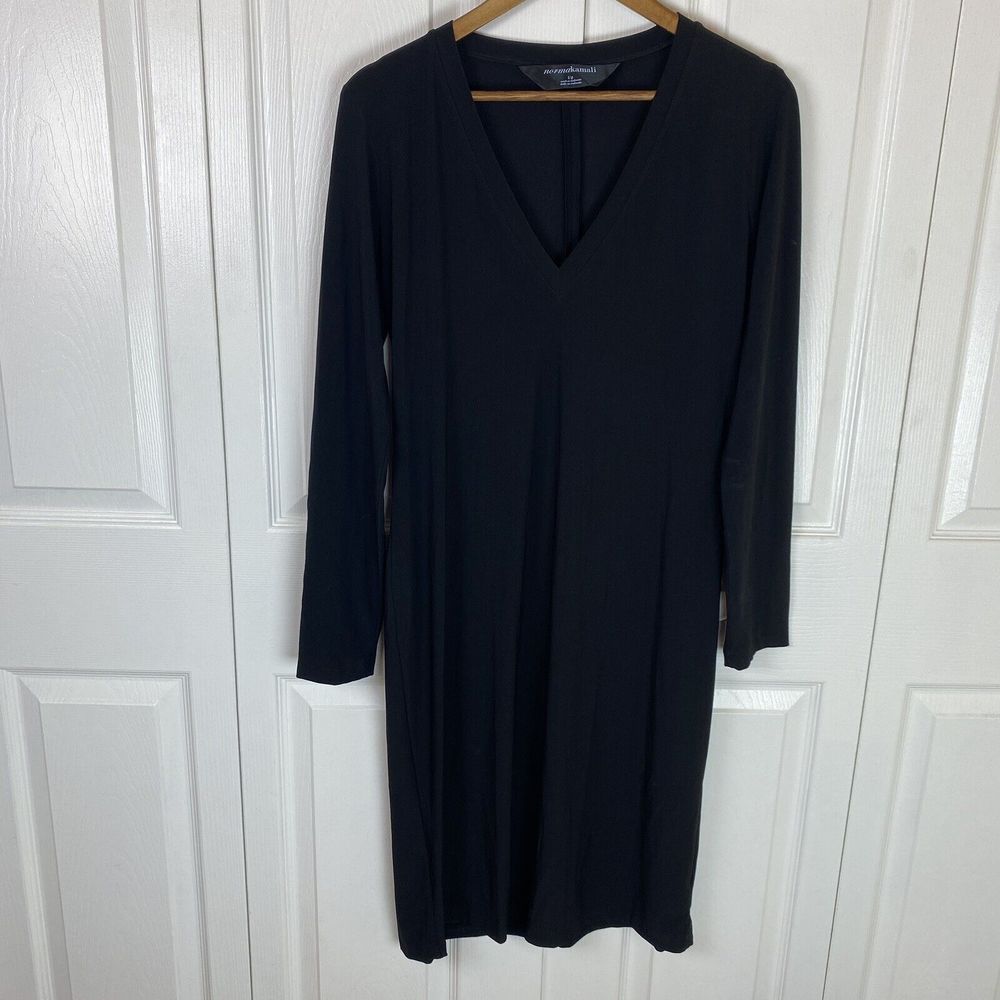 Norma Kamali L Dress Mini Long Sleeve Black V-Neck Jersey Slinky Stretch Bodycon